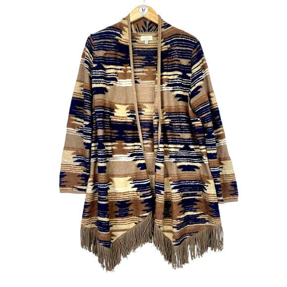 Lucky Brand Southwest Aztec Fringe Cardigan Sweater Sz L Brown Blue Open Front - Picture 1 of 9